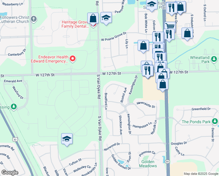 map of restaurants, bars, coffee shops, grocery stores, and more near 12843 Bradford Lane in Plainfield
