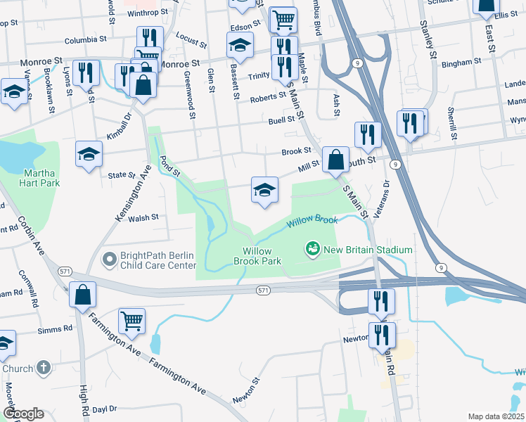 map of restaurants, bars, coffee shops, grocery stores, and more near 110 Mill Street in New Britain