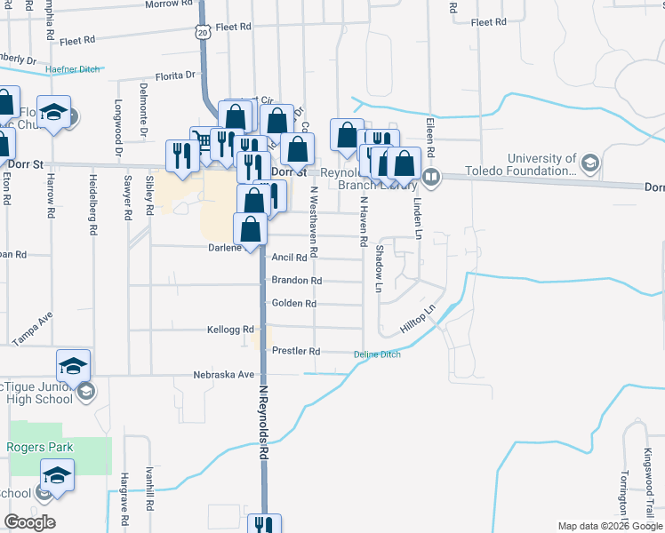 map of restaurants, bars, coffee shops, grocery stores, and more near 5032 Ancil Road in Toledo