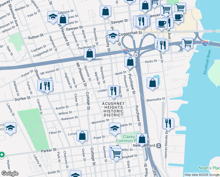 map of restaurants, bars, coffee shops, grocery stores, and more near 869 County Street in New Bedford