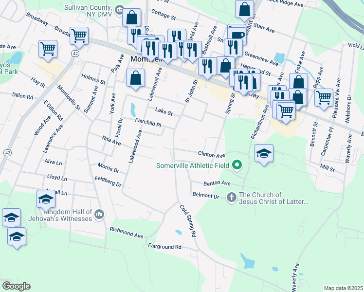 map of restaurants, bars, coffee shops, grocery stores, and more near 63 Saint John in Monticello