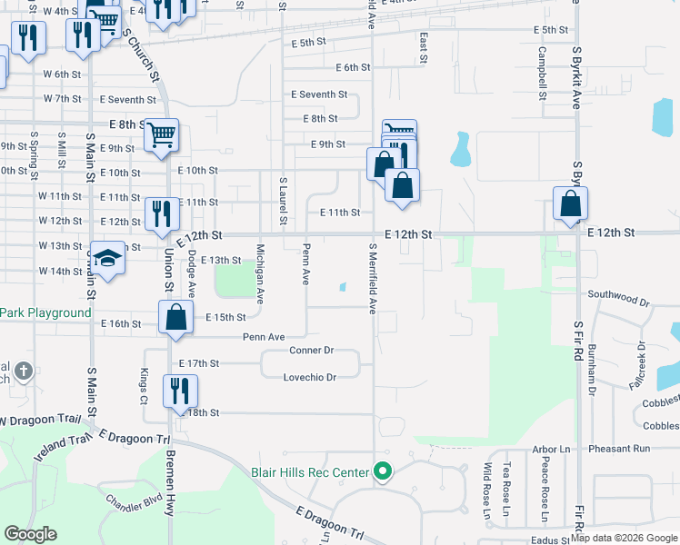 map of restaurants, bars, coffee shops, grocery stores, and more near 811 East 12th Street in Mishawaka