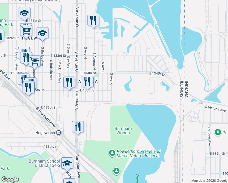 map of restaurants, bars, coffee shops, grocery stores, and more near 13465 South Avenue K in Chicago