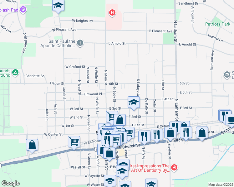 map of restaurants, bars, coffee shops, grocery stores, and more near 110 6th Street in Sandwich