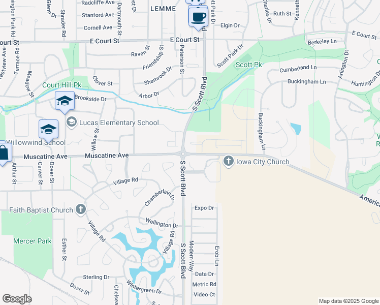 map of restaurants, bars, coffee shops, grocery stores, and more near 3558 Eastbrook Street in Iowa City