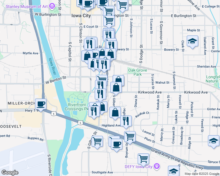 map of restaurants, bars, coffee shops, grocery stores, and more near 917 South Gilbert Court in Iowa City