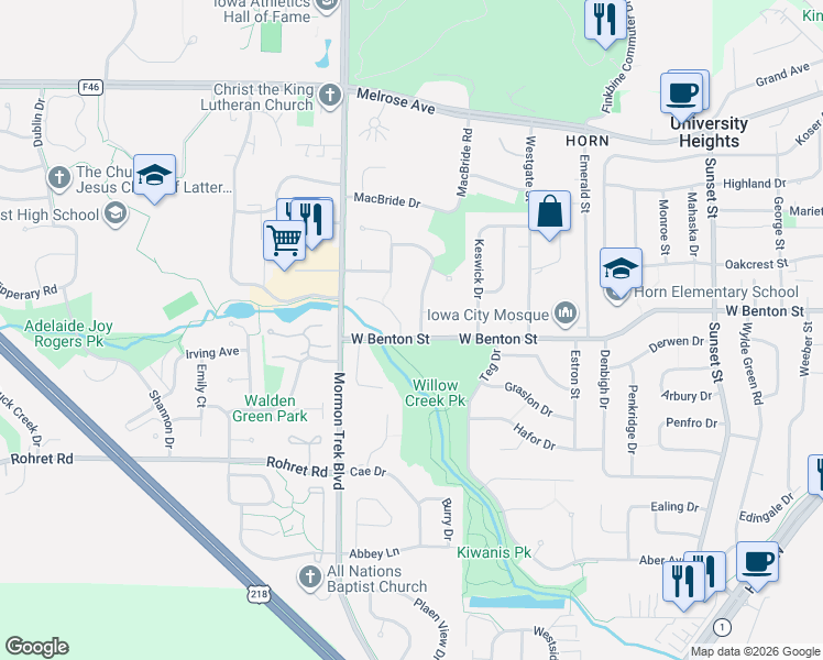 map of restaurants, bars, coffee shops, grocery stores, and more near 2305 Willowbrooke Ln in Iowa City