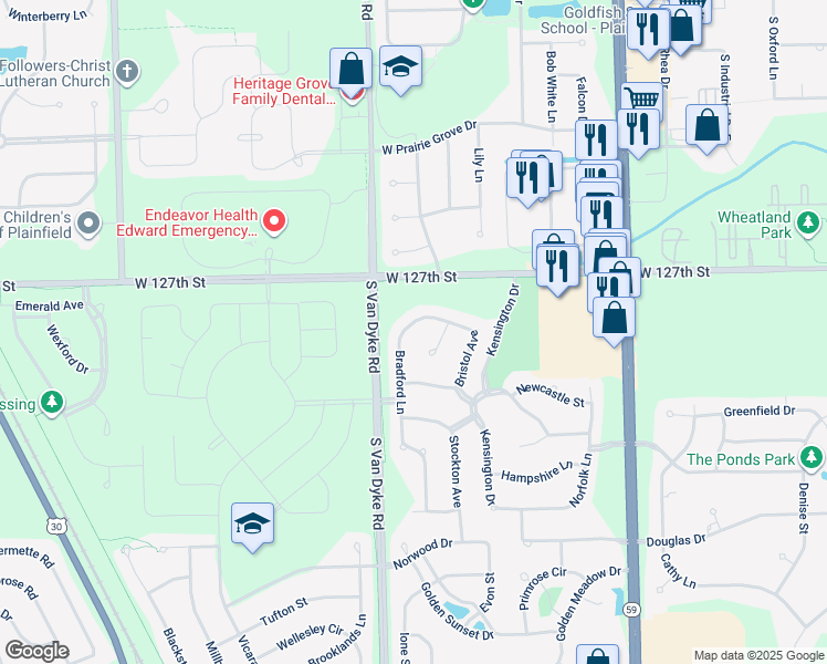 map of restaurants, bars, coffee shops, grocery stores, and more near 12843 Bradford Lane in Plainfield