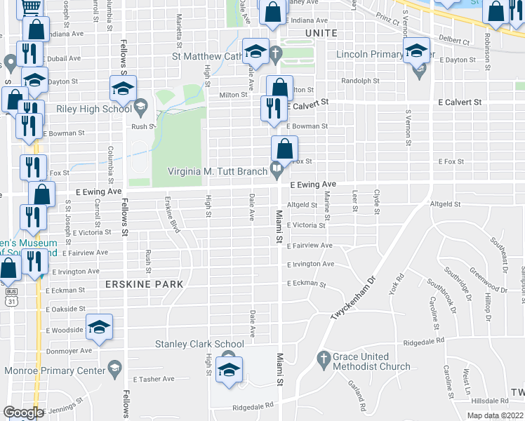map of restaurants, bars, coffee shops, grocery stores, and more near 1014 Altgeld Street in South Bend