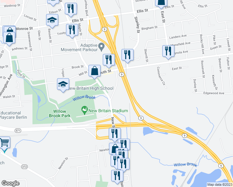 map of restaurants, bars, coffee shops, grocery stores, and more near 41 Veterans Drive in New Britain