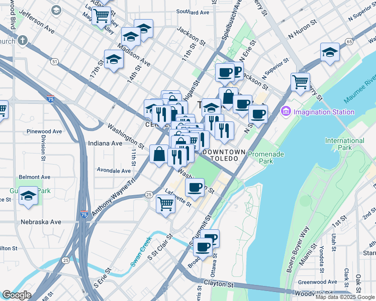 map of restaurants, bars, coffee shops, grocery stores, and more near 706 Monroe Street in Toledo