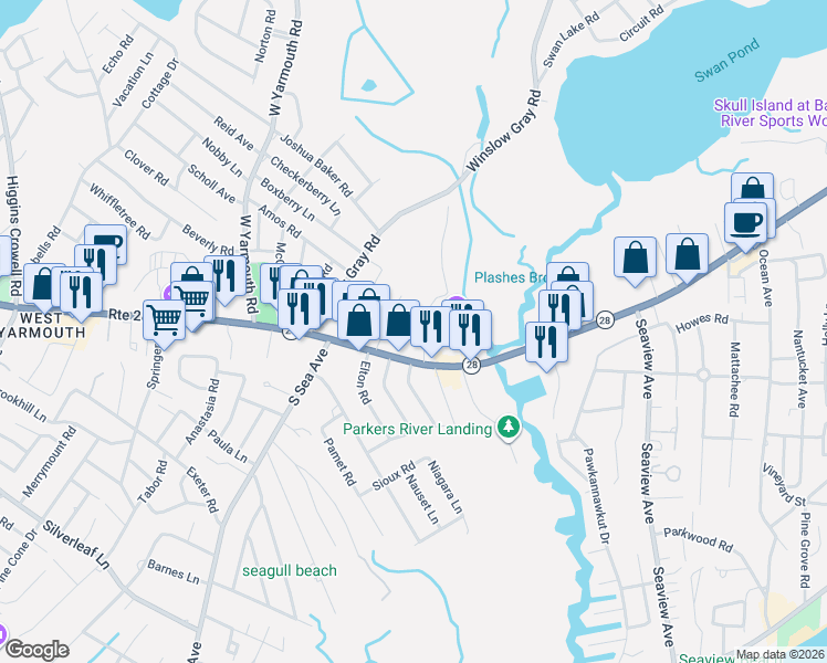 map of restaurants, bars, coffee shops, grocery stores, and more near 638 Massachusetts 28 in Yarmouth