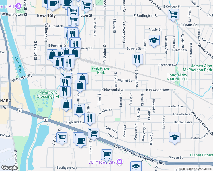map of restaurants, bars, coffee shops, grocery stores, and more near 715 Walnut Street in Iowa City