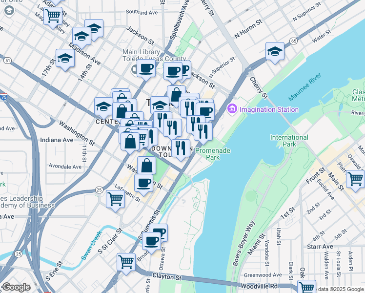 map of restaurants, bars, coffee shops, grocery stores, and more near 401 Jefferson Avenue in Toledo