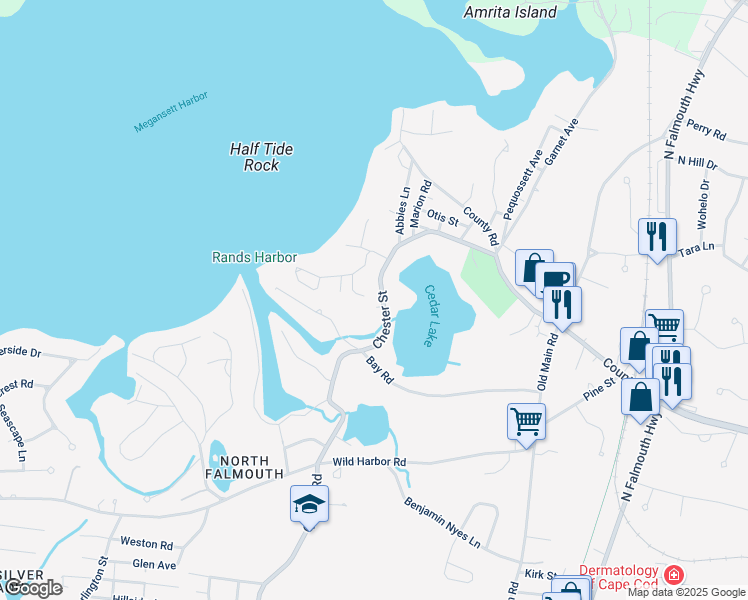 map of restaurants, bars, coffee shops, grocery stores, and more near in Falmouth