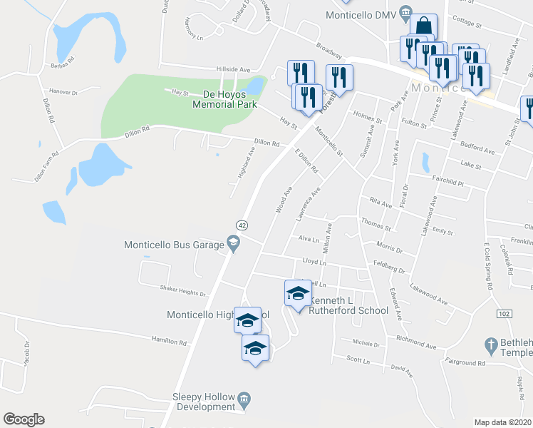 map of restaurants, bars, coffee shops, grocery stores, and more near 102 Forestburgh Road in Monticello