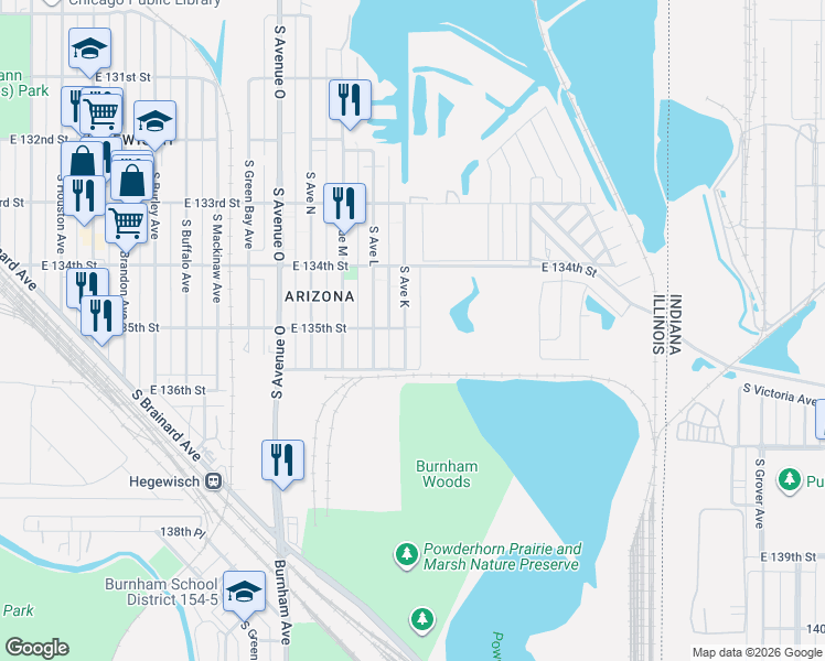 map of restaurants, bars, coffee shops, grocery stores, and more near 13465 South Avenue K in Chicago