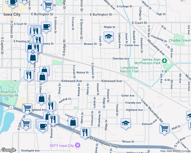 map of restaurants, bars, coffee shops, grocery stores, and more near 1000-1016 Walnut Street in Iowa City