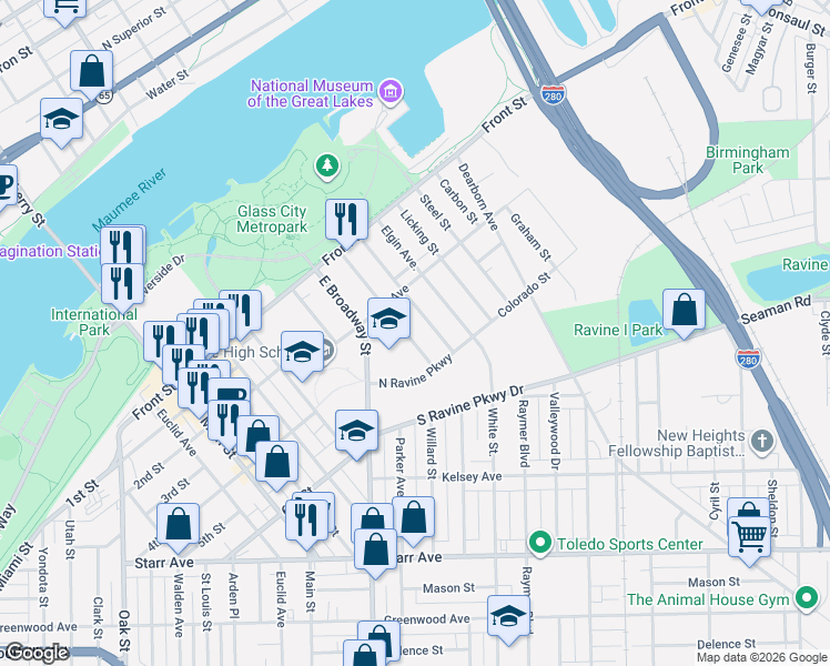 map of restaurants, bars, coffee shops, grocery stores, and more near 232 Maryland Avenue in Toledo