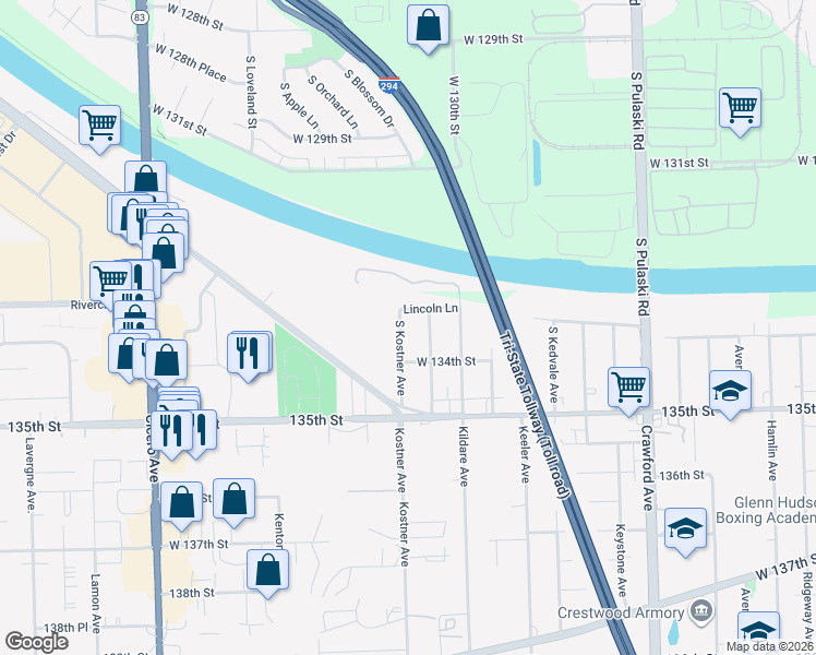map of restaurants, bars, coffee shops, grocery stores, and more near 13309 South Kostner Avenue in Robbins