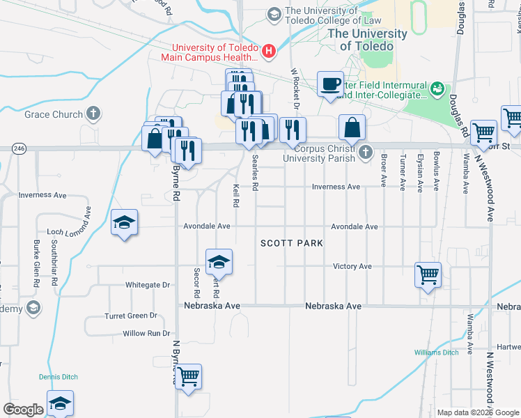 map of restaurants, bars, coffee shops, grocery stores, and more near 3226 Dolores Avenue in Toledo