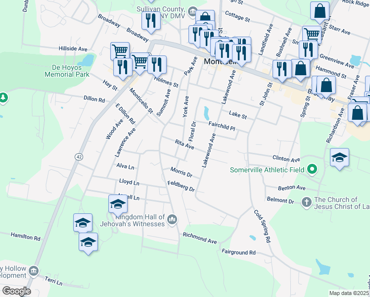 map of restaurants, bars, coffee shops, grocery stores, and more near 36 Floral Drive in Monticello