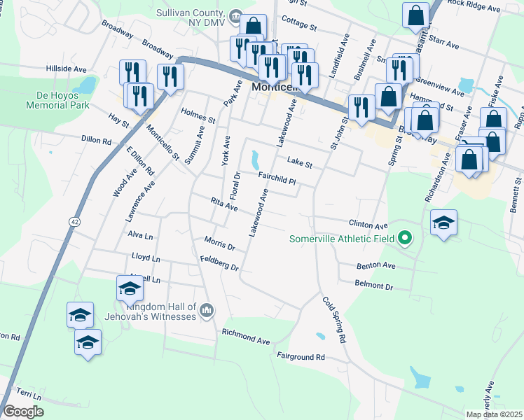 map of restaurants, bars, coffee shops, grocery stores, and more near 78 Lakewood Avenue in Monticello