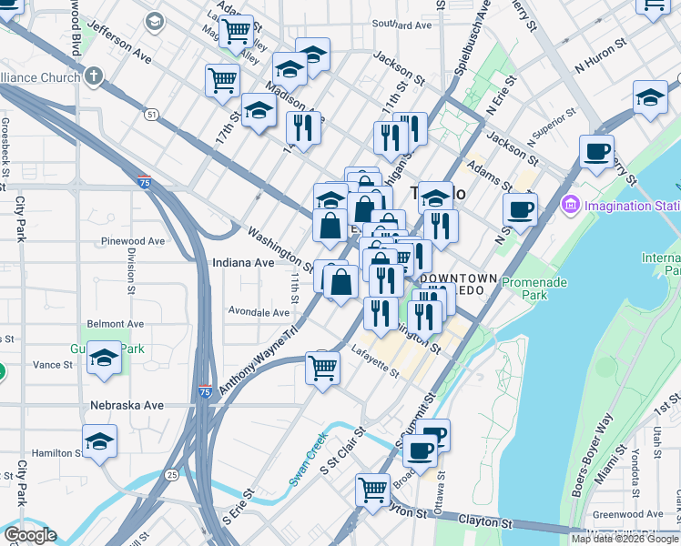 map of restaurants, bars, coffee shops, grocery stores, and more near 34 10th Street in Toledo