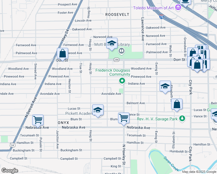 map of restaurants, bars, coffee shops, grocery stores, and more near 1056 Indiana Avenue in Toledo