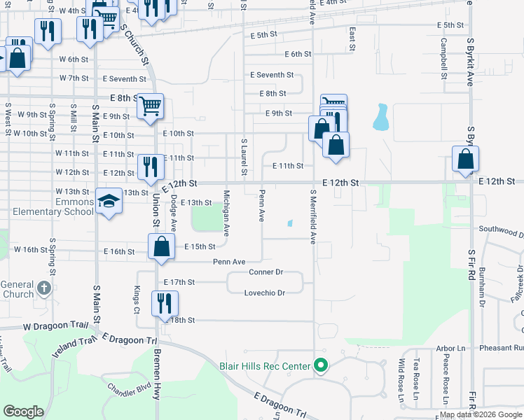 map of restaurants, bars, coffee shops, grocery stores, and more near 1124 Penn Avenue in Mishawaka