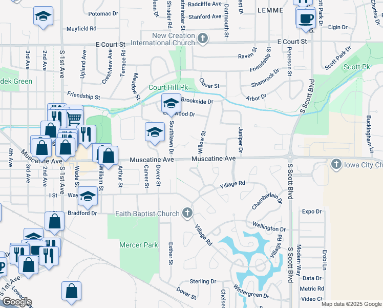 map of restaurants, bars, coffee shops, grocery stores, and more near 913 Willow Street in Iowa City