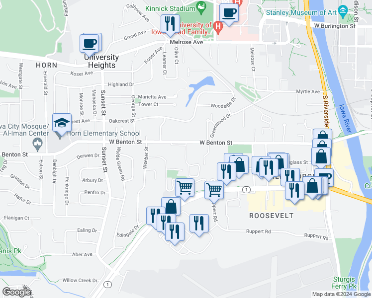 map of restaurants, bars, coffee shops, grocery stores, and more near in Iowa City