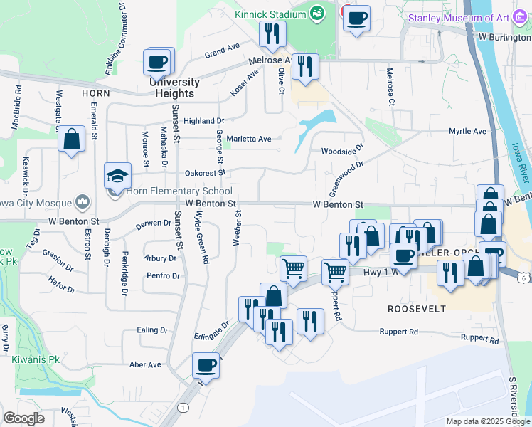 map of restaurants, bars, coffee shops, grocery stores, and more near 1000 West Benton Street in Iowa City