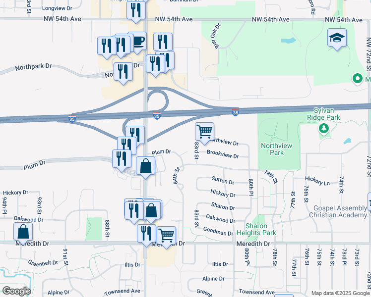 map of restaurants, bars, coffee shops, grocery stores, and more near 8421 Plum Drive in Urbandale