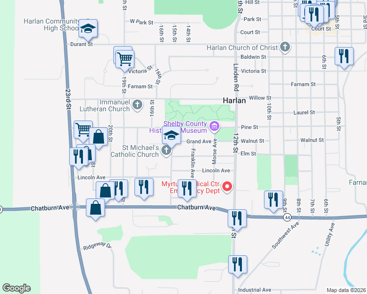 map of restaurants, bars, coffee shops, grocery stores, and more near in Harlan