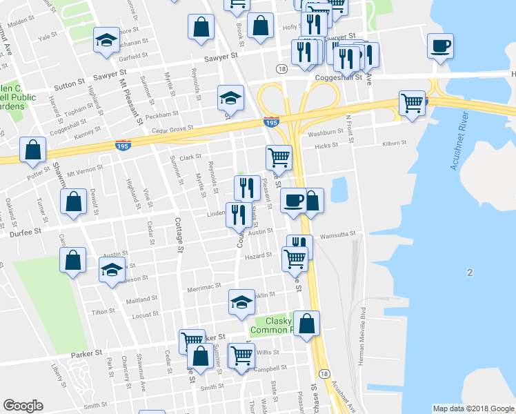 map of restaurants, bars, coffee shops, grocery stores, and more near 39 Linden Street in New Bedford