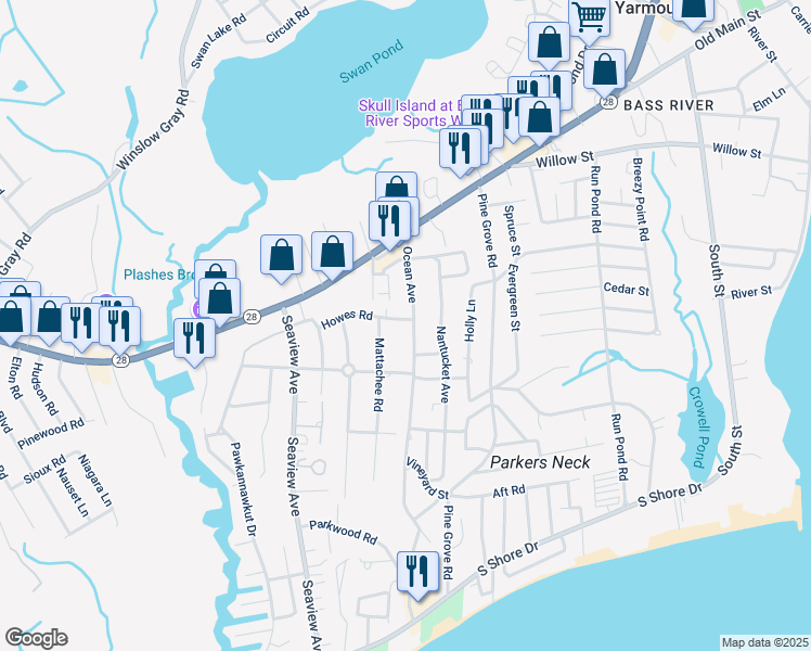 map of restaurants, bars, coffee shops, grocery stores, and more near 51 Ocean Avenue in Yarmouth