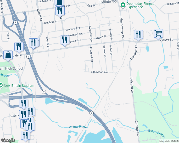 map of restaurants, bars, coffee shops, grocery stores, and more near 37 Edgewood Ave in New Britain