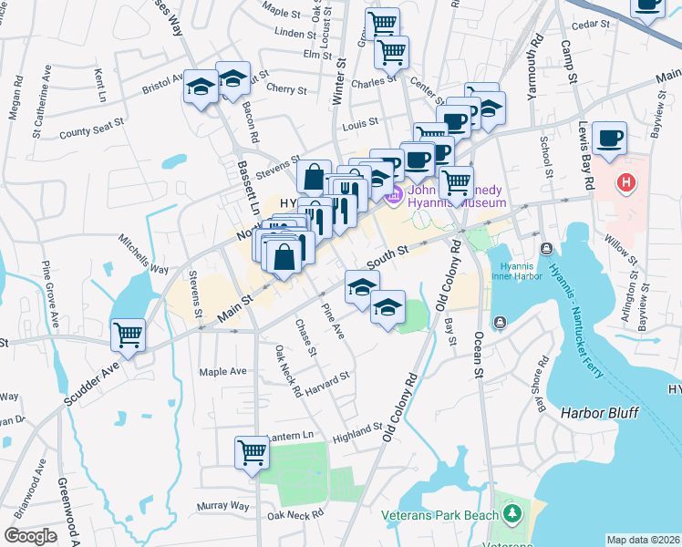 map of restaurants, bars, coffee shops, grocery stores, and more near 17 High School Road in Barnstable