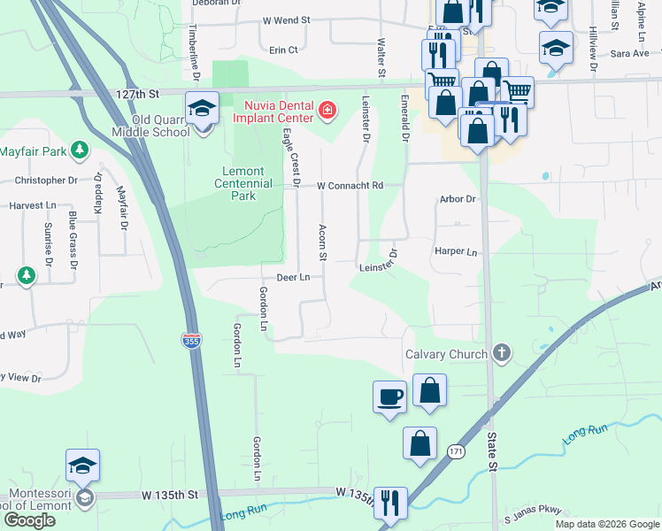 map of restaurants, bars, coffee shops, grocery stores, and more near 1300 Leinster Drive in Lemont