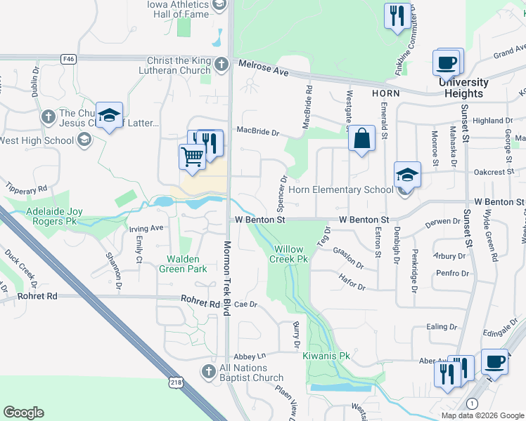 map of restaurants, bars, coffee shops, grocery stores, and more near 2305 Willowbrooke Ln in Iowa City