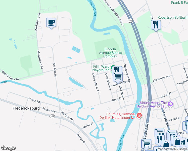 map of restaurants, bars, coffee shops, grocery stores, and more near Asbury Manor East in Meadville