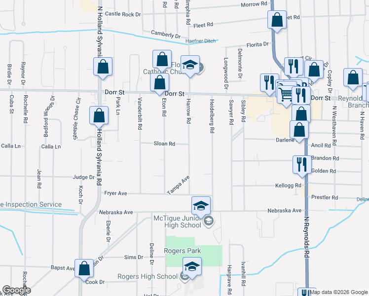 map of restaurants, bars, coffee shops, grocery stores, and more near 1008 Harrow Road in Toledo