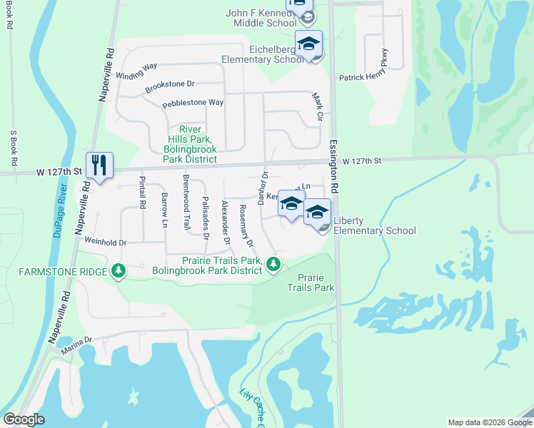 map of restaurants, bars, coffee shops, grocery stores, and more near 2179 Kemmerer Lane in Bolingbrook