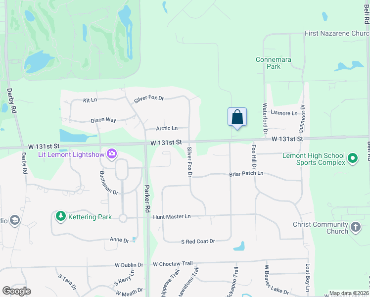 map of restaurants, bars, coffee shops, grocery stores, and more near 13120 Silver Fox Drive in Lemont