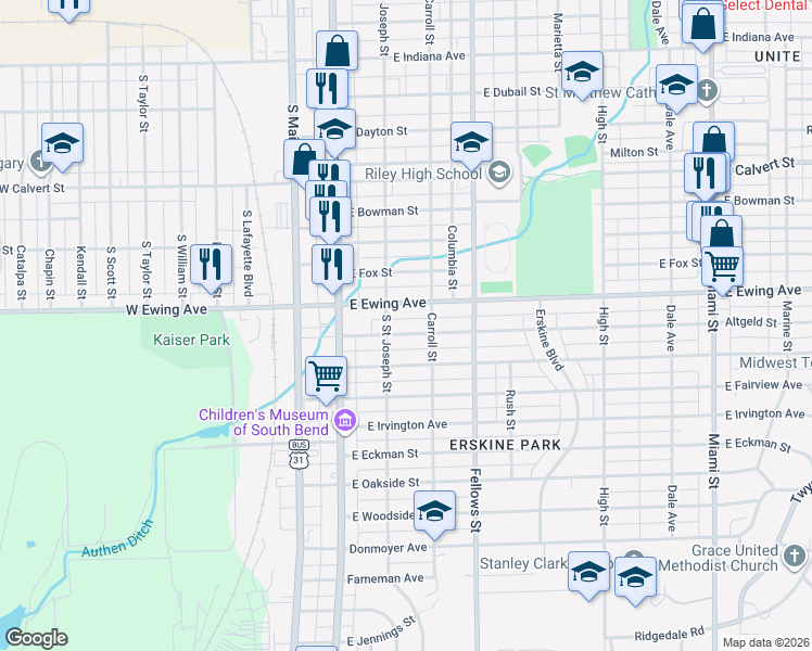 map of restaurants, bars, coffee shops, grocery stores, and more near 222 East Ewing Avenue in South Bend