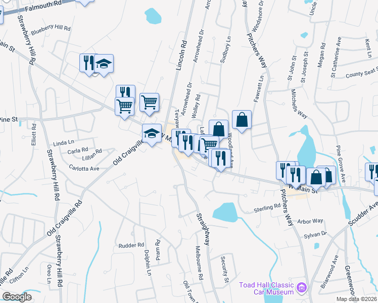 map of restaurants, bars, coffee shops, grocery stores, and more near 453 West Main Street in Barnstable