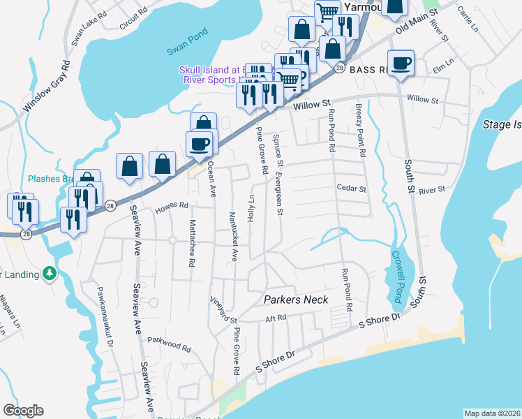 map of restaurants, bars, coffee shops, grocery stores, and more near 54 Holly Lane in Yarmouth