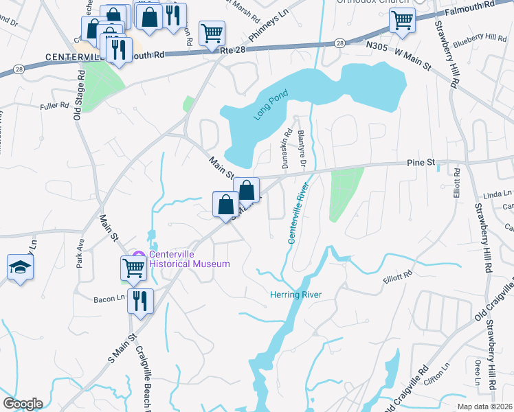 map of restaurants, bars, coffee shops, grocery stores, and more near 69 South Main Street in Barnstable