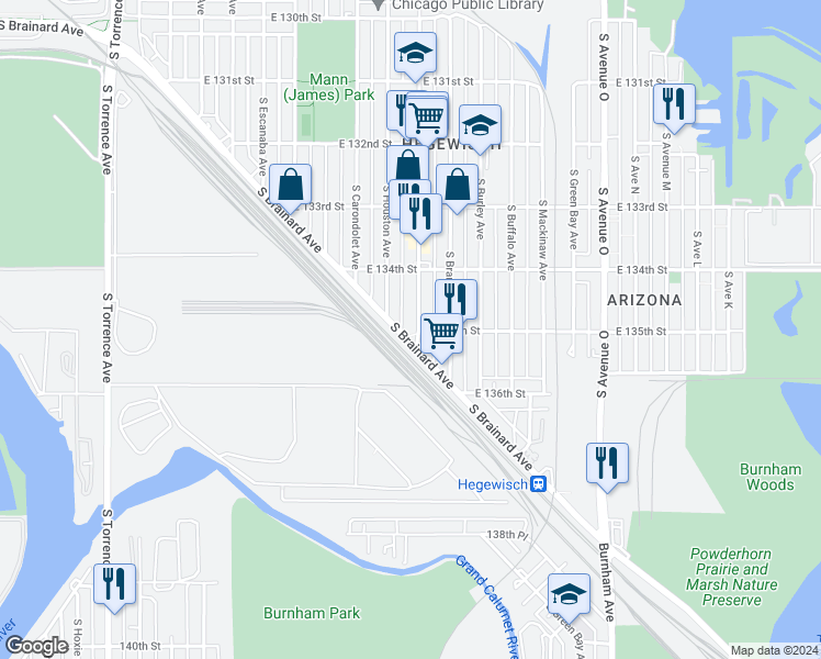 map of restaurants, bars, coffee shops, grocery stores, and more near 13460 South Baltimore Avenue in Chicago